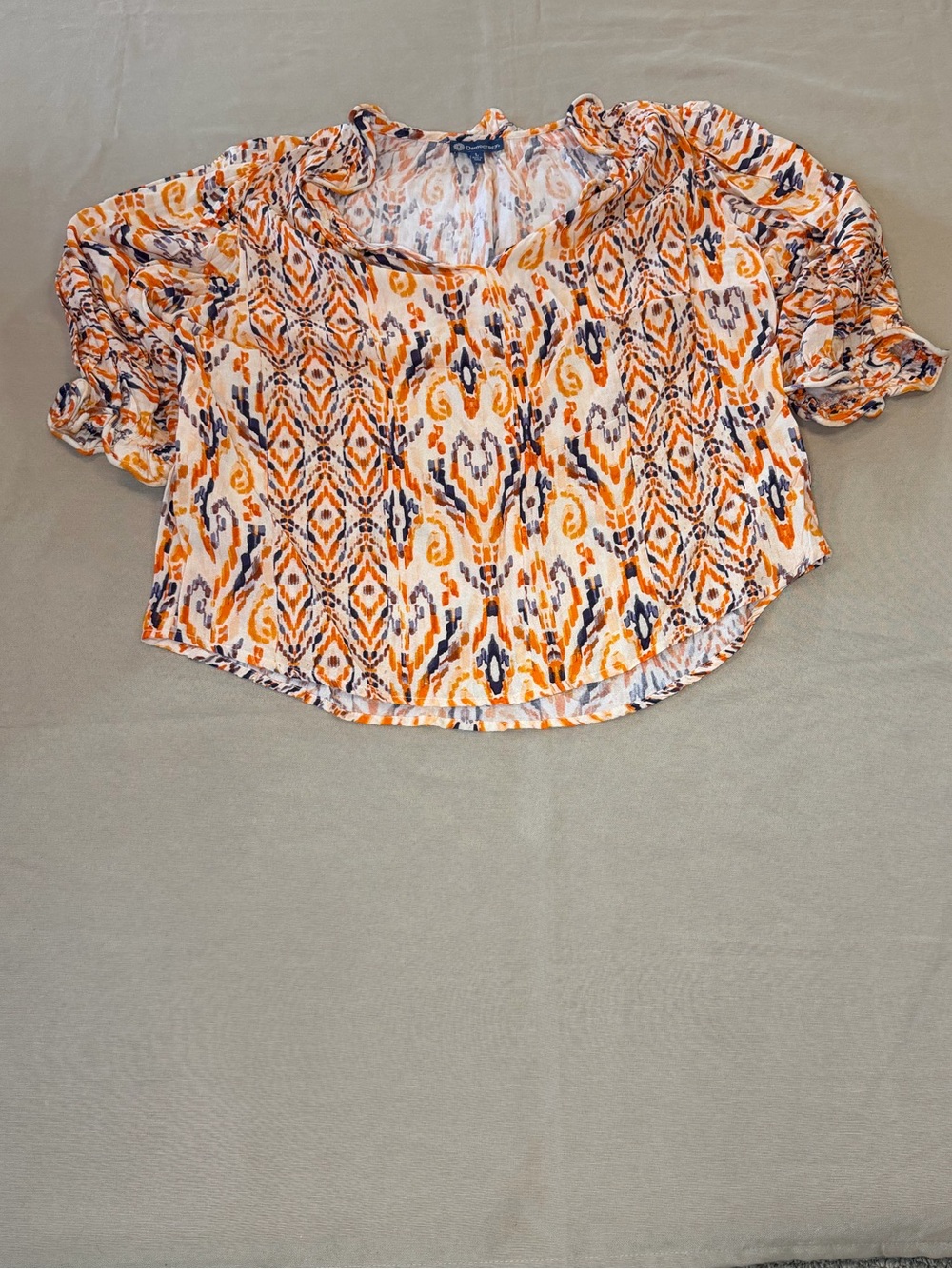Democracy Orange and Cream Ikat-Print Puff Sleeve Blouse